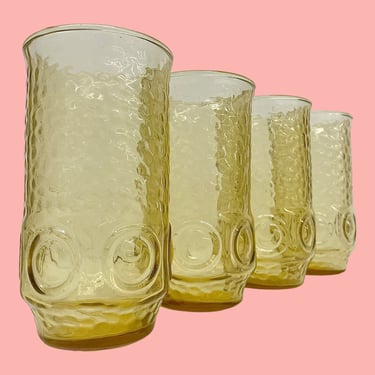Vintage Anchor Hocking Water Tumblers Retro 1970s Mid Century Modern + Heritage Hill + Yellow + Set of 4 + Drinking Glasses + MCM Kitchen 