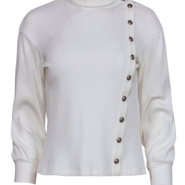 Chanel  Ivory Ribbed Knit Long Sleeve Side Button Top Sz 4