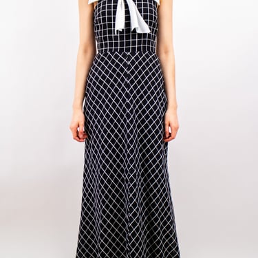 1960's/1970s 'lolo' black + white grid halter dress