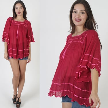 Magenta Cotton Gauze Micro Mini Dress / Vintage Mexican Crochet Kimono Angel Sleeves / Womens Hot Pink Cover Up 