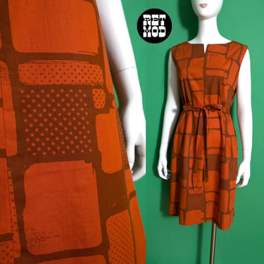 Mod Vintage 60s 70s Brick-Colored Patterned Cotton Shift Dress 