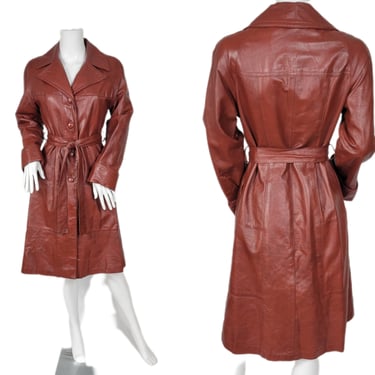 1970's Tobacco Brown Leather Belted Trench Coat Jacket I Sz Med I Dan D Modes 