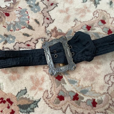 Antique Victorian or Edwardian belt, ornate bronze buckle with original black cotton belt, XS/S 