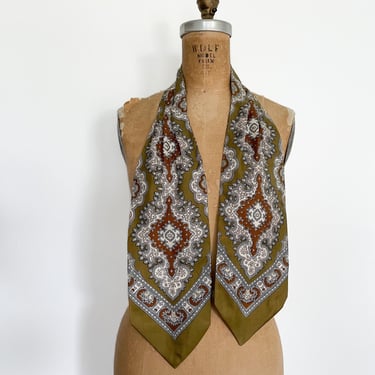 Vintage mid century Harrods London silk cravat or ascot | olive green & golden brown foulard print neck scarf 