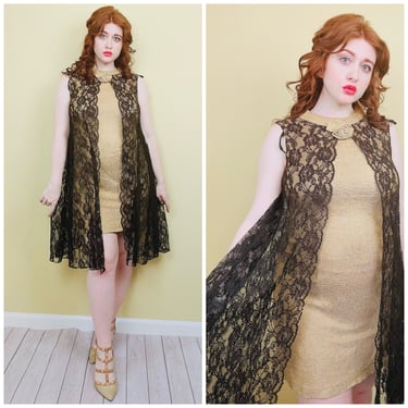 1960s Vintage Gold Lurex Wiggle Dress . 60s Sixties Black Lace Cape Party Dress  / Size Large 