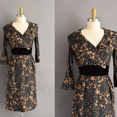 50s dress | vintage 1950s dress | black floral print silk cocktail party dress | Small | 