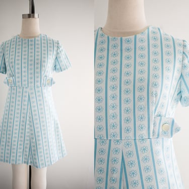 1960s Aqua and White Daisy Knit Mini Dress 
