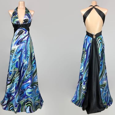 VINTAGE 00s Y2K Snake Embellished Liquid Satin Long Sexy Formal Dress 3/4 | 2000s Serpent Swirl Print Cocktail Prom Gown | VFG 