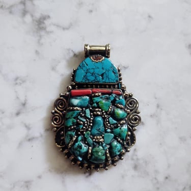 Antique Vintage Tibetan Turquoise and Coral Shield Necklace Pendant Sterling Silver Jewelry 