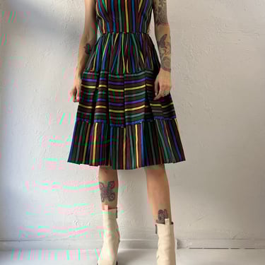 50s 60s 'Maggi Stover' Rainbow Striped Sleeveless A Line Dress / XS - Small 