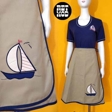 Fun Vintage 70s 80s Sailboat Appliqué Matching Set with Wrap Skirt and T-Shirt 