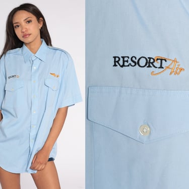 Resort Air Shirt 80s Baby Blue Button Up Shirt Pilot Flight Attendant Uniform Collared Short Sleeve Vintage 1980s Van Heusen Mens 15 Large 
