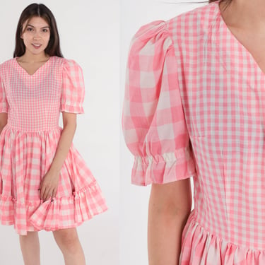 Gingham Prairie Dress 60s Pink Mini Dress Puff Sleeve Ruffled Skirt Country Square Dance Cottagecore High Waist Vintage 1960s Extra Small xs 
