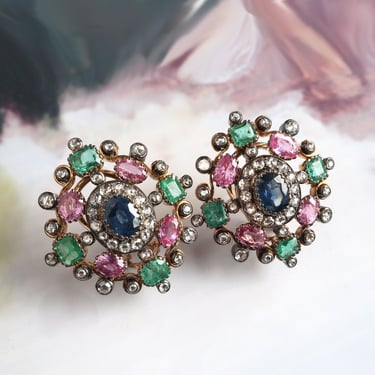 Antique 10.26ct t.w. Multi Color Blue Pink Sapphire Emerald Rose Cut Diamond Earrings Silver 18K Gold 