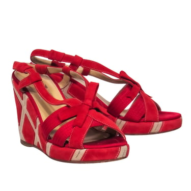 Ferragamo - Red Suede Open Toe Strapy Slingback Wedges w/ Printed Heels Sz 9