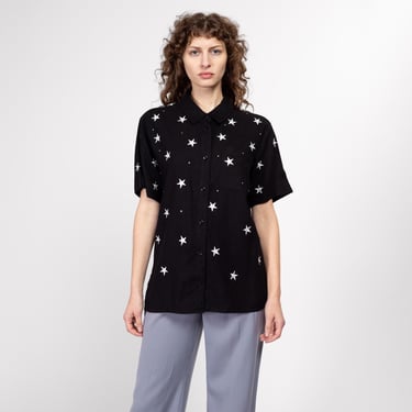 Medium 90s Black Linen Embroidered Star Shirt | Vintage Constellation Jeweled Short Sleeve Button Up Top 