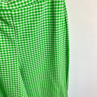 70s vintage trousers / 70s checkered pants / vintage 80s pants / green gingham pants / elastic trousers / 1970s hippie pants size 14 size 16 