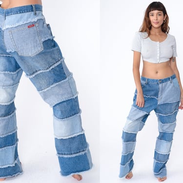 Y2K Patchwork Jeans Flared Hippie Pants Denim Color Block Bell Bottoms Boho Hippie Vintage Bohemian Blue 00s Zana Di Extra Large xl 20 