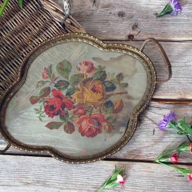 Antique petit point vanity tray / antique German embroidered glass tray / rose needlepoint Art Nouveau tray / shabby chic / cottage decor 