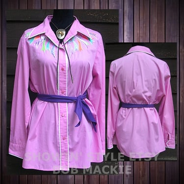 Bob Mackie Vintage Retro Women's Cowgirl Western Shirt Rodeo Queen Pink with Embroiderd Ribbon Designs, Tag Size Medium (see meas. photo) 