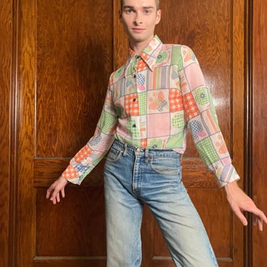 70s Patchwork print shirt with mushrooms 