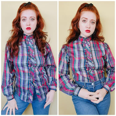 1980s Vintage Circle T By Marilyn Lenox Western Shirt / 80s / Colorful Plaid Ruffled Prairie Shirt / Medium 