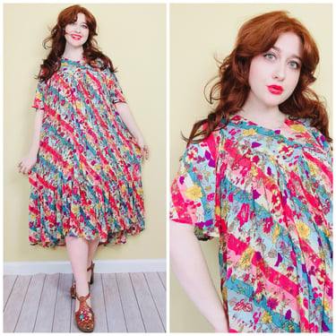 1990s Vintage Saybury Colorful Rayon Lounge Dress / 90s Pink and Blue Flower Print Flared Sleeve House Dress / Medium - Large 