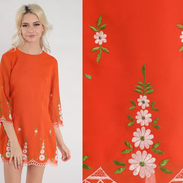 70s Mini Dress Orange Floral Embroidered Dress Mod Minidress Bohemian Hippie Shift Twiggy Summer Festival Wide 3/4 Sleeve Vintage 1970s XS 