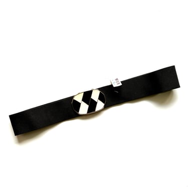 Vintage 80s Checkered Wide Belt Black White Big Buckle Elastic 1980s Glam Accessories 