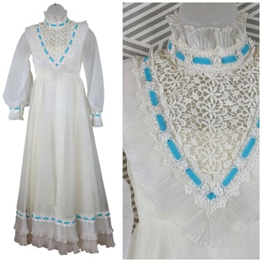 Vintage 60s Victorian Dress Size 2/4 White Lace Blue Puff Prom Ruffle Long maxi 