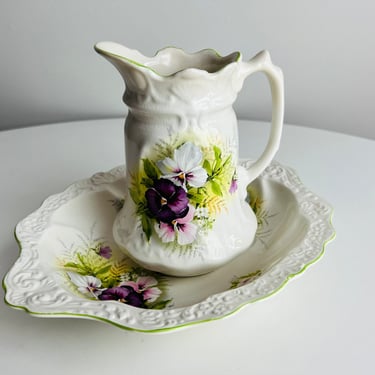 Vintage James Kent pitcher and basin, Old Foley "Pansy" pattern, purple flowers and embossed detailing, 1950s Staffordshire, for decor, gift 