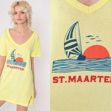 St Maarten T Shirt Dress 90s Caribbean Islands TShirt Minidress Tropical Sailboat Sunset Print Summer Yellow V Neck Beach Cover Up Medium 