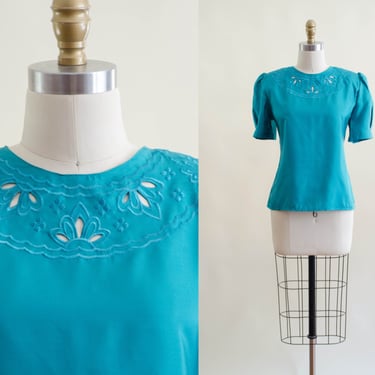 cutwork lace blouse | 80s vintage teal puff sleeve cut out embroidered floral silky blouse 