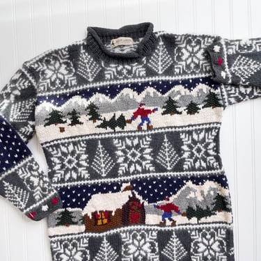 Christmas sweater 90s vintage Marsh Landing snowy winter cabin hand knit sweater 