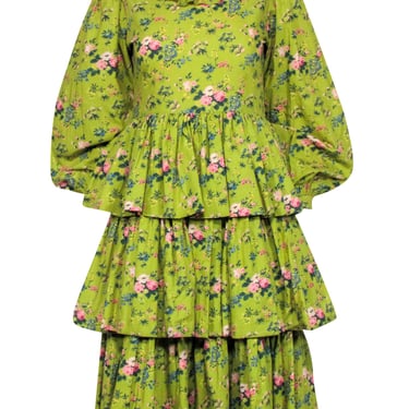 Batsheva - Green & Floral Print Long Sleeve Dress Sz 2