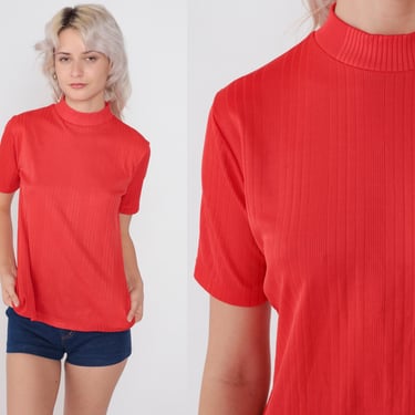 70s Mod Shirt Red Mock Neck Top Ribbed T-Shirt Plain Blouse Short Sleeve Mod Basic Top Plain Simple Seventies Vintage 1970s Small S 
