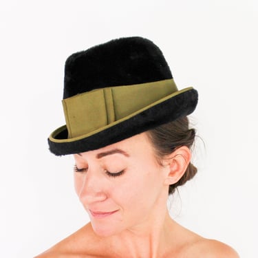 1960s Black Wool Fedora | 60s Black & Olive Green Mohair Hat | Mayser Hat 
