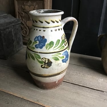 19th C Floral Pottery Jug, Pitcher, Terra Cotta, Glazed Pottery, Rustic European Farmhouse, Farm Table 