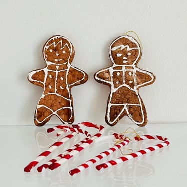Vintage 1960s Retro Christmas Gingerbread Man Cork Made In Japan Ornaments and Candy Canes LOT 