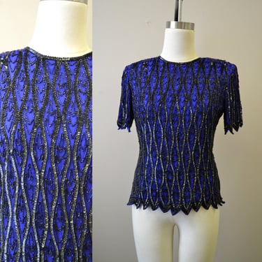 1990s Stenay Blue and Black Beaded Top 