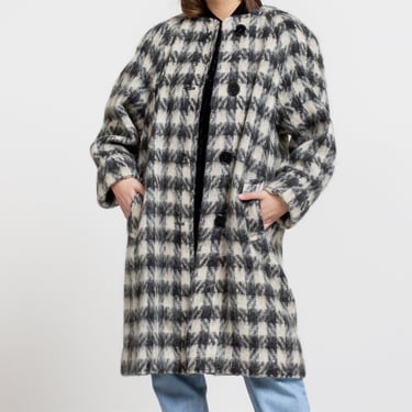 MOHAIR HOUNDSTOOTH COAT Vintage Black White Midi Trench Jacket Winter Woman 90's Oversize / Medium 