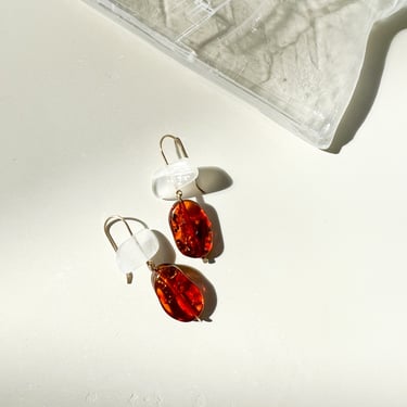 Double Stone Drop Earrings in Moonstone and Amber