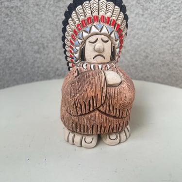 Vintage Launa Art Pottery Native American chief Figurine 3D Signed made in Uruguay 