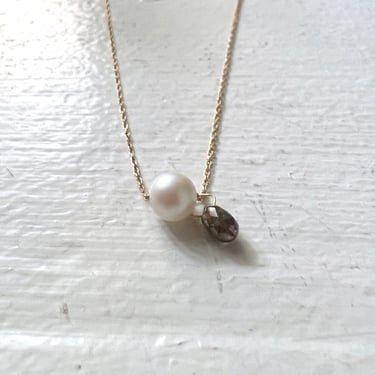 Pearl and Brown Diamond Drop Necklace on 14k gold chain 