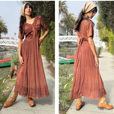 80s 90s India Boho Rayon Goddess Maxi Dress Tie Back soft brown S M 