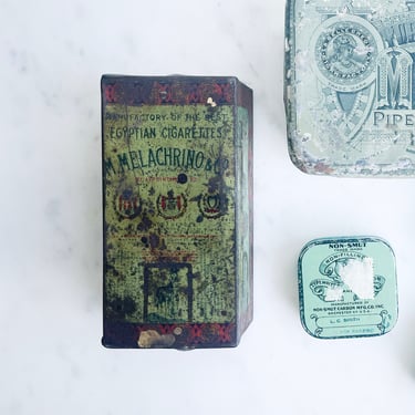 Antique Tin Melachrino and Co Egyptian Cigarettes Industrial Green Small Storage Box Box with Lid Crafts Spices Tea Box 