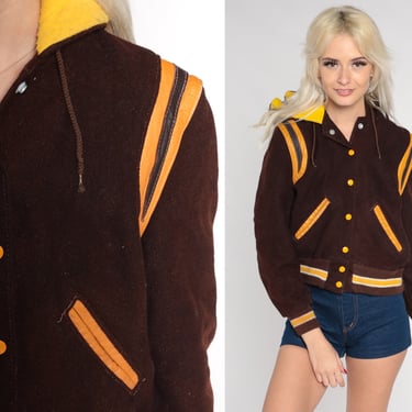 80s Varsity Jacket Brown Letterman Wool Blend Hooded Bomber Jacket Maria Hood Baseball Retro Sport Coat Snap Up Vintage 1980s Extra Small xs 