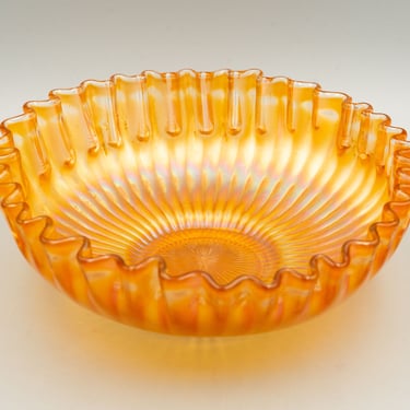 Fenton Smooth Rays Marigold Carnival Glass Bowl, Candy Ribbon Edge (whimsey) | Antique Iridescent Glass Experimental 