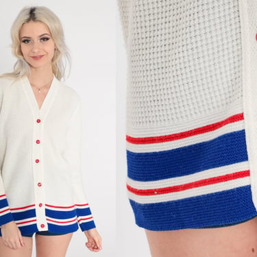 White Varsity Cardigan Sweater 70s Letterman Sweater Blue Striped Button Up 1970s Vintage Retro V Neck Red Button Up Sweater Small Medium 