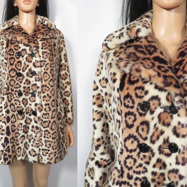 Vintage 60s Faux Fur Leopard Print Plush Coat Size S/M 